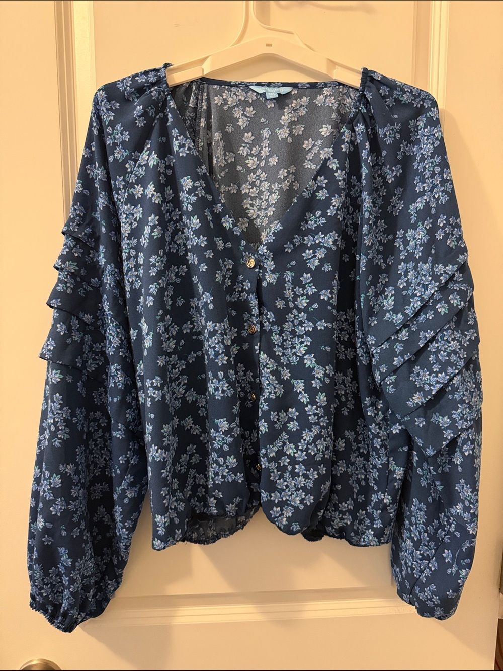 Floral Navy Blue V-Neck Button Blouse